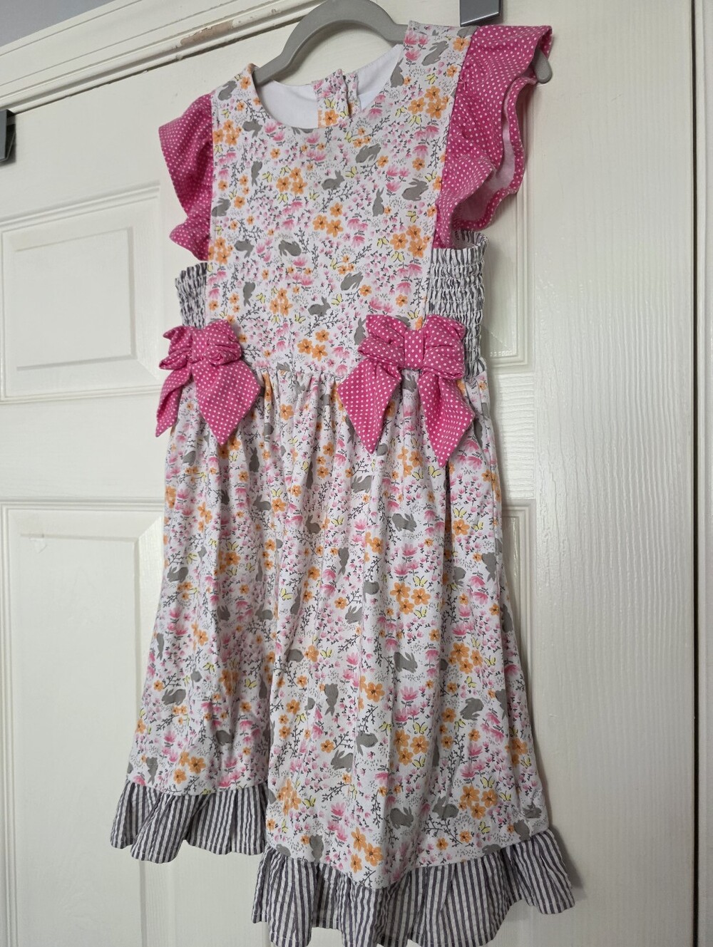 Counting Daisies girls floral bunny Dress size 6X pink/grey/yellow ruffle spring